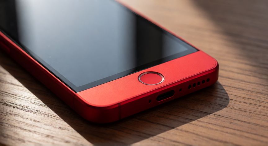 que iphone salio en 2020, Primer plano de un iPhone SE rojo con botón Touch ID frontal