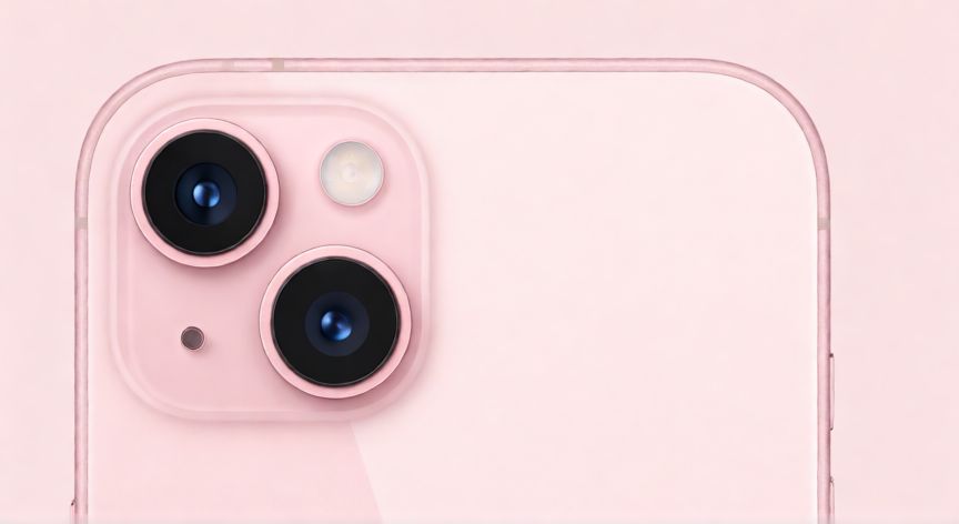 que iphone salio en 2021, Vista trasera del iPhone 13 en color rosa mostrando su módulo de doble cámara
