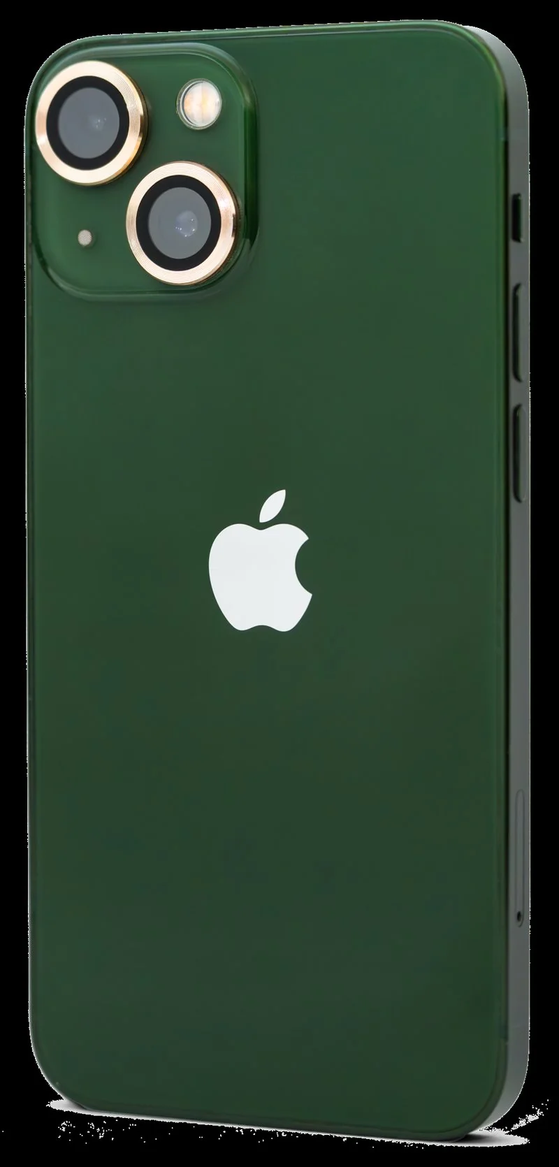iPhone 13 mini verde, vista trasera con doble cámara y logo de Apple