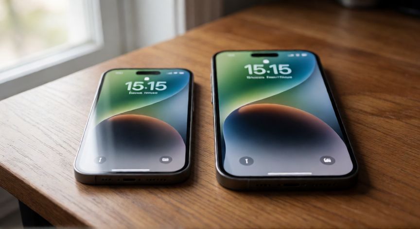 que iphone salio en 2023, Comparación de tamaño entre el iPhone 15 y el iPhone 15 Plus sobre una mesa