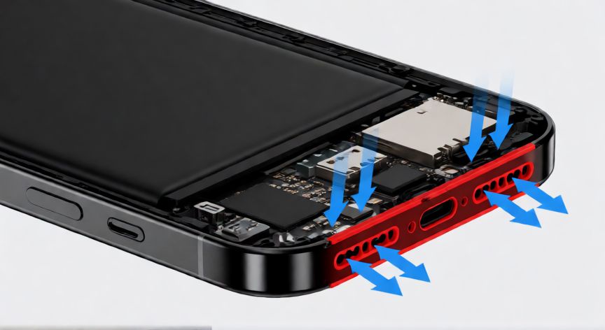 que iphone se puede meter al agua, Diagrama técnico de los sellos de resistencia al agua en un móvil