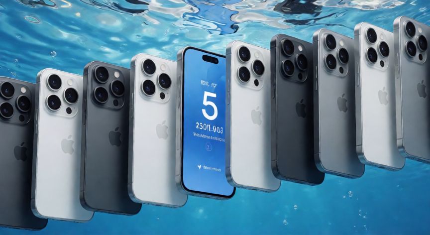 que iphone son acuaticos, Varios iPhones flotando en agua clara demostrando su resistencia