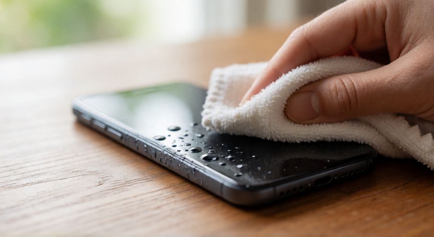 que iphone son acuaticos, Secando un iPhone con un paño suave después de mojarse