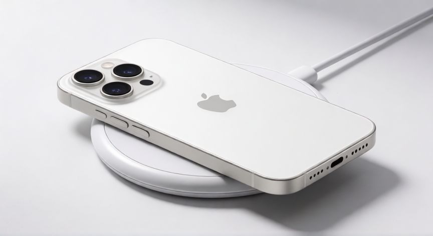 iPhone cargándose sobre una base de carga inalámbrica blanca