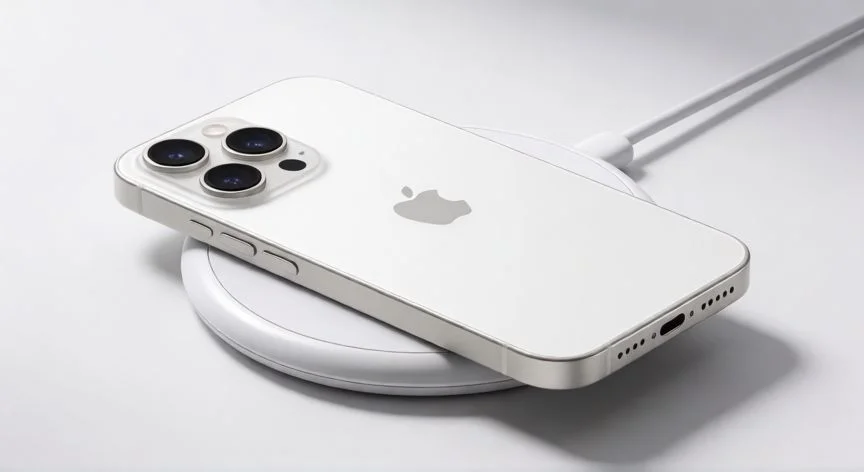 iPhone cargándose sobre una base de carga inalámbrica blanca