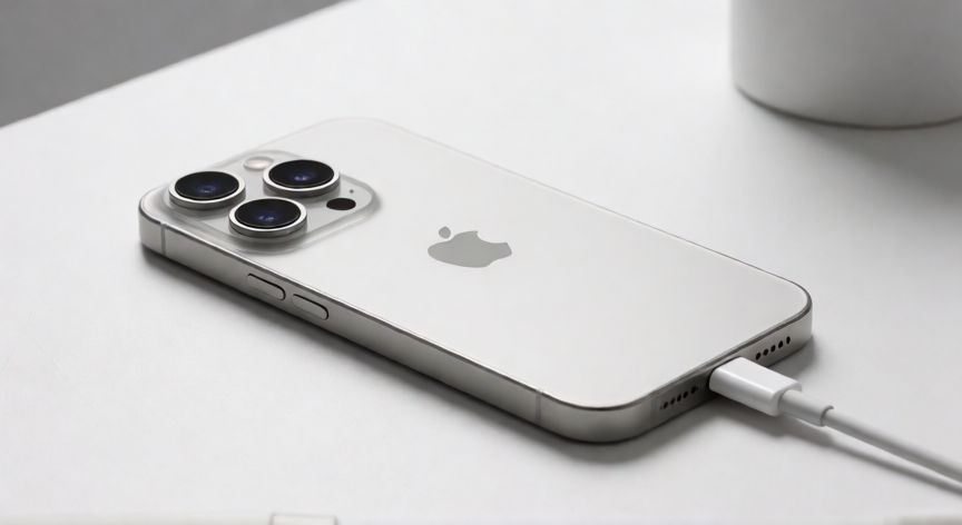 que iphone tiene cargador tipo c, iPhone 15 Pro conectado a un cable de carga USB-C sobre una mesa blanca