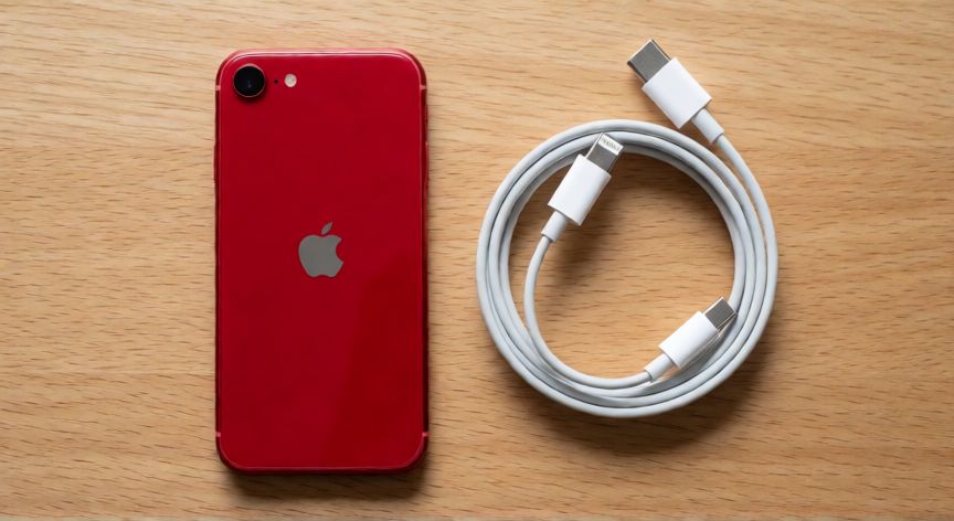 que iphone tiene cargador tipo c, iPhone SE de tercera generación junto a cables Lightning y USB-C comparando conectores
