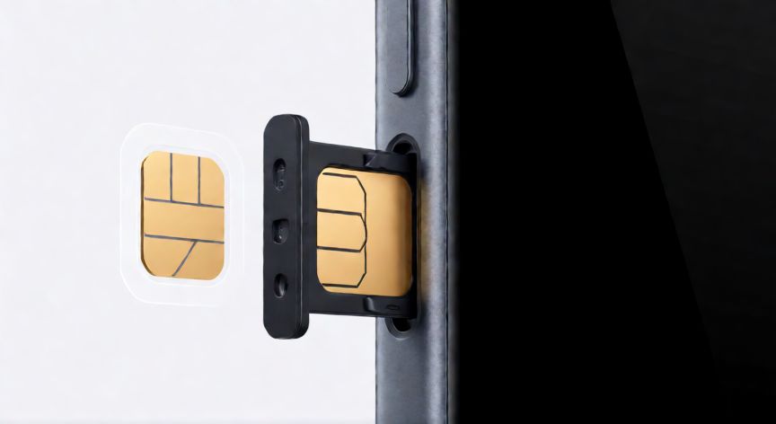 que iphone tiene dual sim, Bandeja de tarjeta SIM de un iPhone mostrando la ranura para Nano SIM y concepto de eSIM