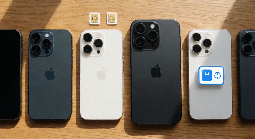 que iphone tiene dual sim, Varios modelos de iPhone alineados con tarjetas SIM físicas y representación gráfica de eSIM