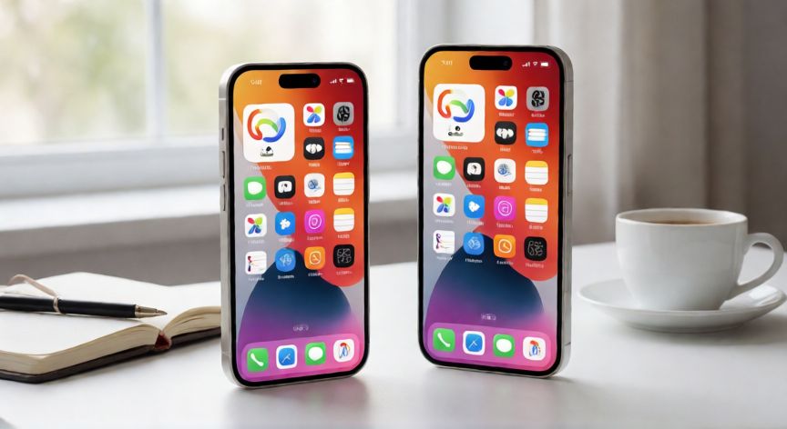 Vista de dos iPhones modernos mostrando las nuevas funciones de iOS 17 sobre un escritorio minimalista