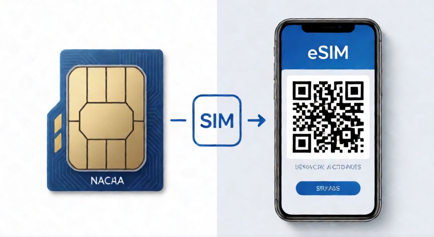que iphone tiene esim, Comparativa visual entre tarjeta SIM física y código de activación eSIM