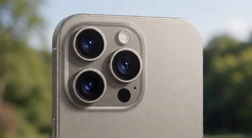 qué iphone tiene la mejor cámara, Detalle de las lentes del iPhone 15 Pro Max en titanio