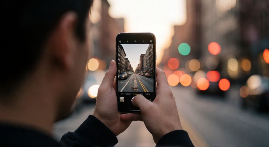 qué iphone tiene la mejor cámara, Persona usando un iPhone para fotografiar una calle urbana al atardecer