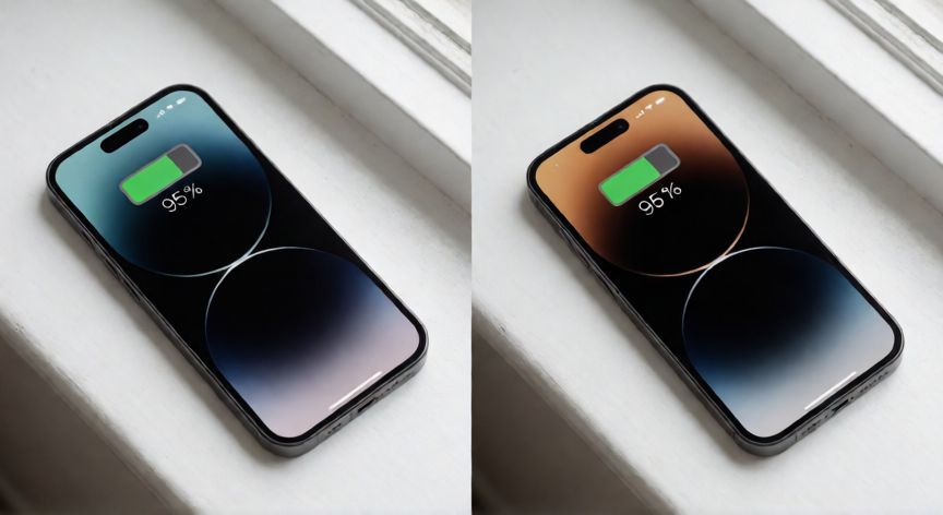 que iphone tiene mejor bateria, Comparativa visual de iPhone 15 Plus y iPhone 16 mostrando salud de batería