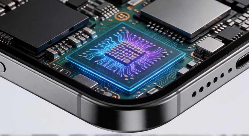 Detalle del chip A16 Bonic dentro de la placa base de un iPhone