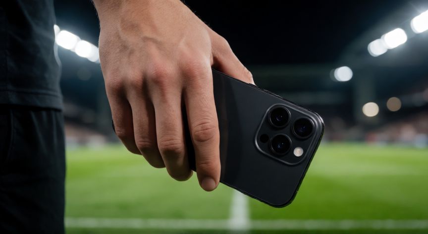 Messi sosteniendo un iPhone en el campo de fútbol