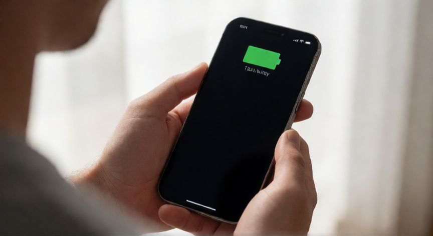 Persona revisando el estado de la batería de un iPhone usado