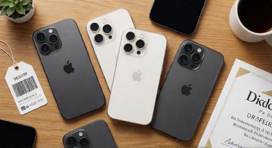 que iphone usado comprar en 2026, Selección de iPhones de segunda mano sobre una mesa con certificado