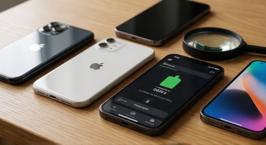 Varios iPhones de segunda mano sobre una mesa con herramientas de diagnostico
