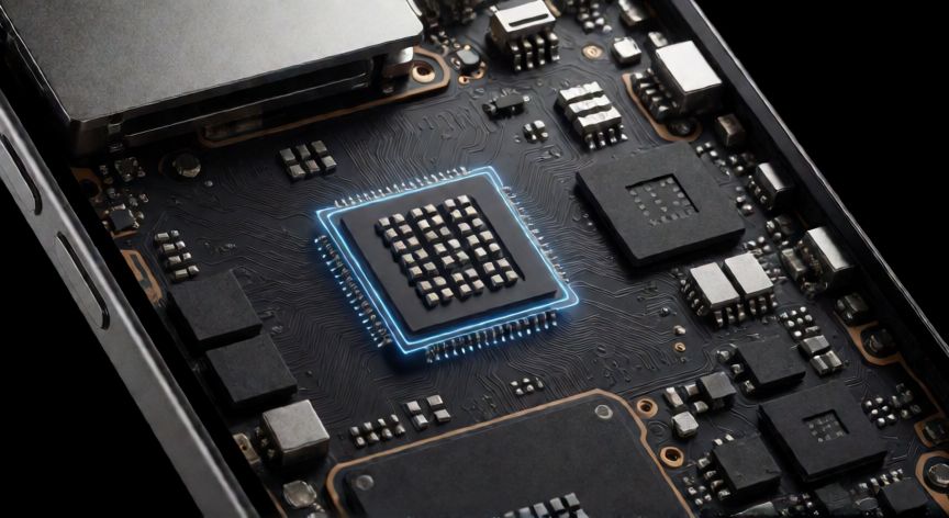 Vista macro de la placa base de un iPhone mostrando el chip de seguridad integrado