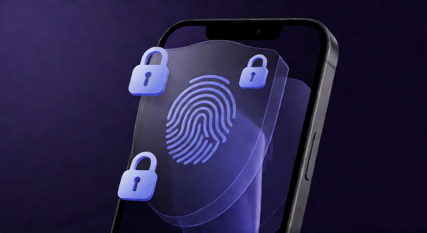 que iphone usan chip fisico, Ilustración abstracta de la protección de datos biométricos en smartphones Apple