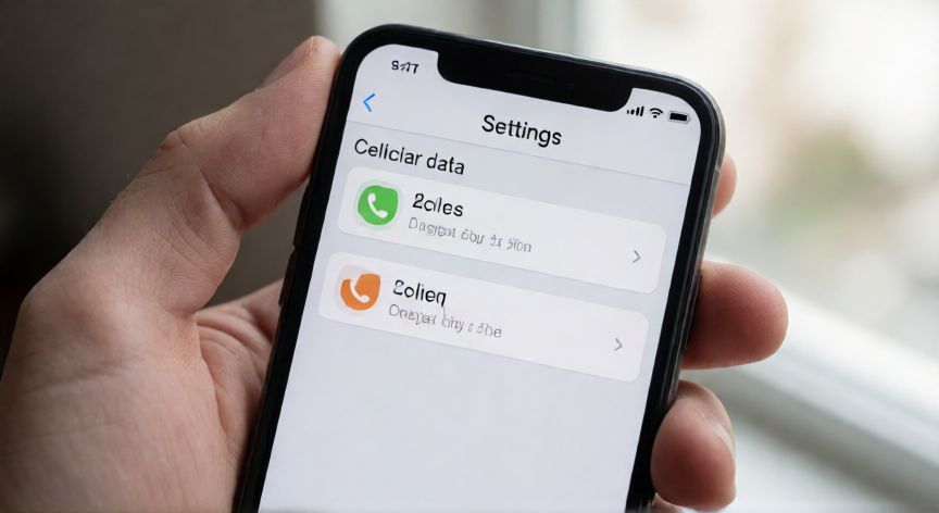 que iphone usan esim, Mano sosteniendo un iPhone con la configuración de datos móviles abierta
