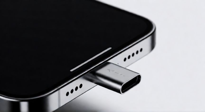 Conector USB-C insertado en el puerto de carga de un iPhone moderno