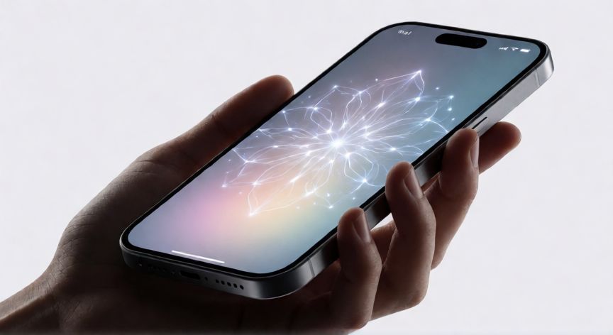 Concepto futurista de un iPhone con interfaz de inteligencia artificial