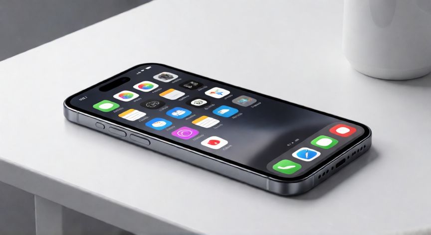 Boceto conceptual de un iPhone futurista con bordes mínimos sobre un escritorio minimalista