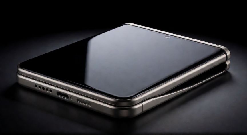 que iphone va a salir en 2027, Primer plano de un teléfono plegable futurista a medio abrir con pantalla flexible y marco de titanio