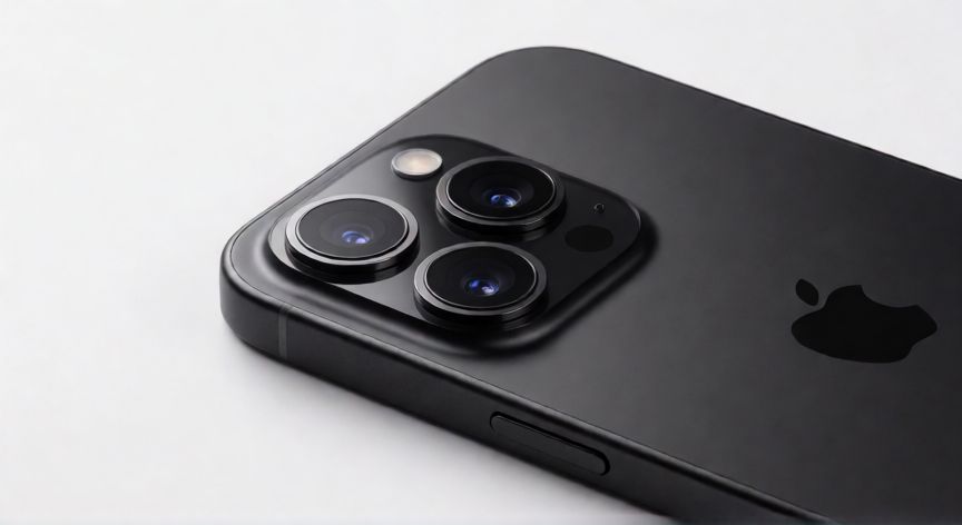 iPhone 16 Pro con módulo de cámara triangular y acabado mate negro sobre fondo blanco.