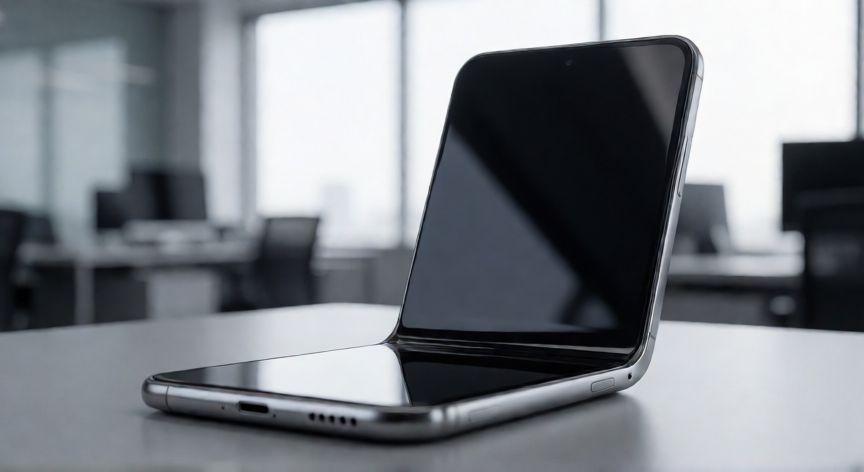que iphone va a salir este año, Concepto de iPhone plegable desplegándose con pantalla flexible y marco metálico.