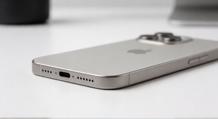 iPhone 15 con puerto USB-C y boton de accion sobre una mesa blanca