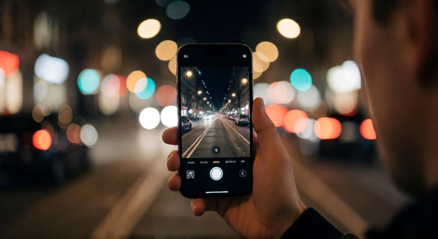 que iphone vale la pena comprar, Persona usando un iPhone 14 para tomar una foto nocturna en la ciudad