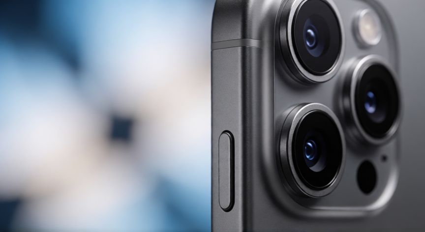 que iphone vale la pena comprar en 2026, Detalle de la cámara y botones de un teléfono inteligente