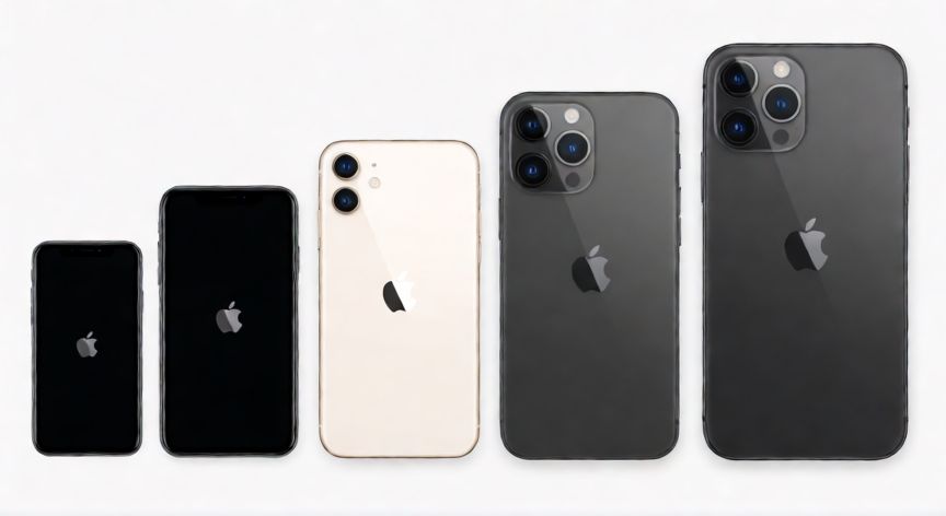 que iphone van a dejar de actualizarse, Vista superior de varios modelos de iPhone dispuestos en fila mostrando sus generaciones