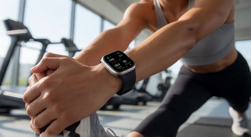 que iphone watch es mejor, Persona usando Apple Watch Series 9 en un gimnasio moderno