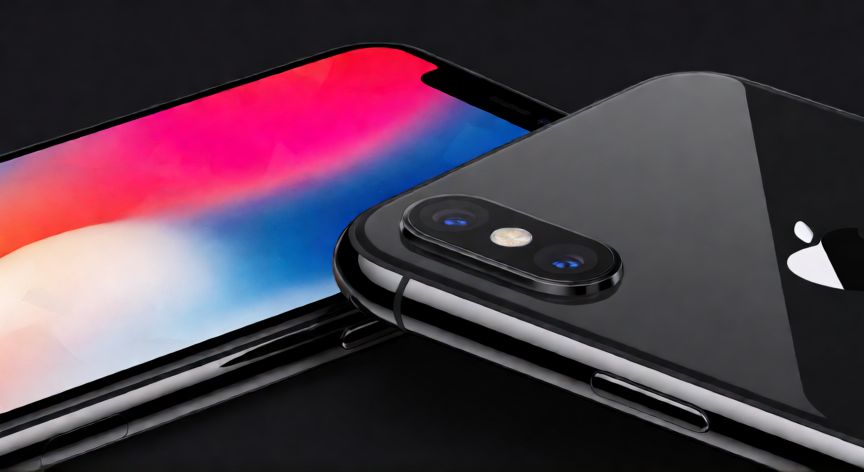 Vista frontal y trasera de un iPhone X sobre una superficie oscura