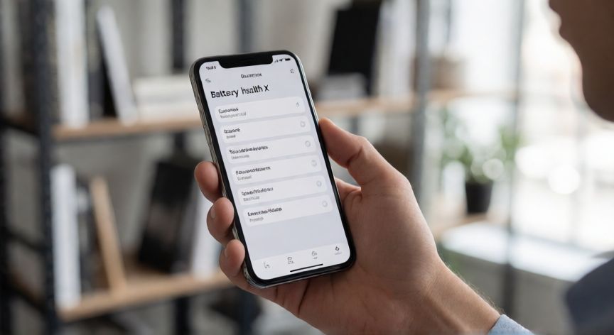 que iphone x es mejor, Persona revisando la salud de la batería de un iPhone X en una oficina