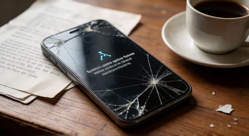 Smartphone antiguo mostrando error de actualización del sistema operativo