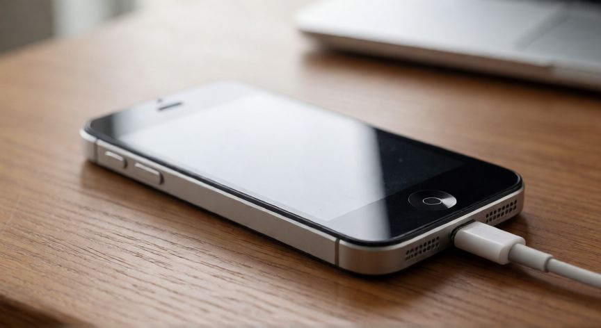 iPhone antiguo desactualizado sobre escritorio de madera