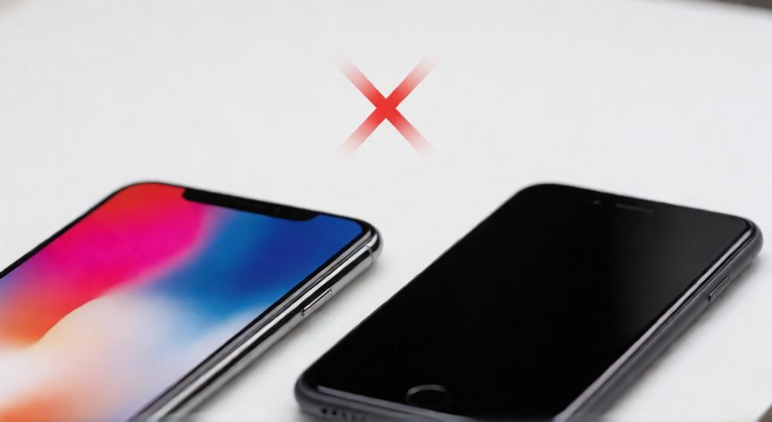 iPhone X y iPhone 8 en un escritorio con símbolos de advertencia