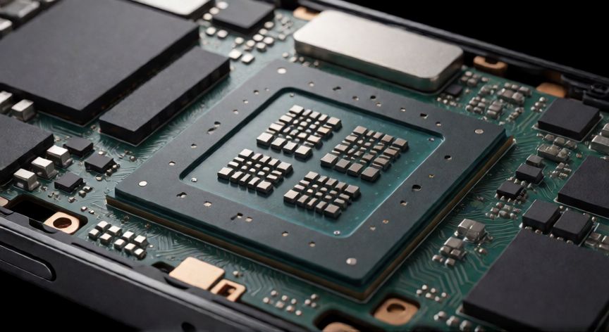 Vista macro de la placa lógica de un iPhone mostrando el chip principal SoC