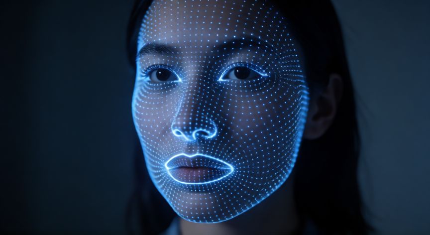 que iphone ya no tiene chip, Representación visual del sistema Face ID escaneando un rostro con una malla de puntos infrarrojos