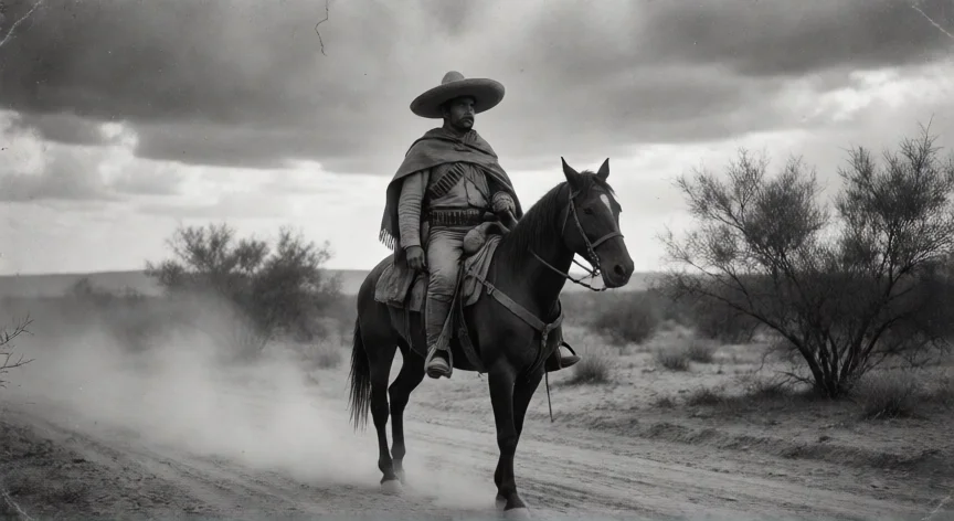 Caballero revolucionario mexicano en carretera del norte, estilo fotografía histórica 1920