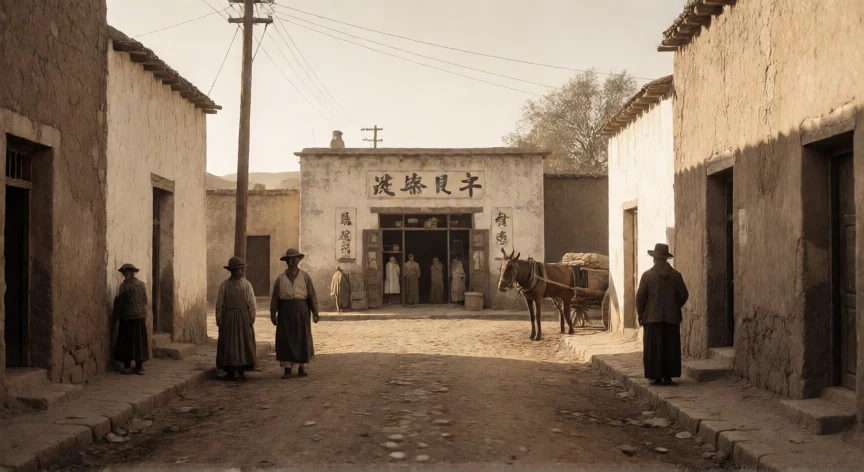 que le hicieron los chinos a pancho villa, Calle de pueblo mexicano en el norte en los años 20 con comercio chino de fondo