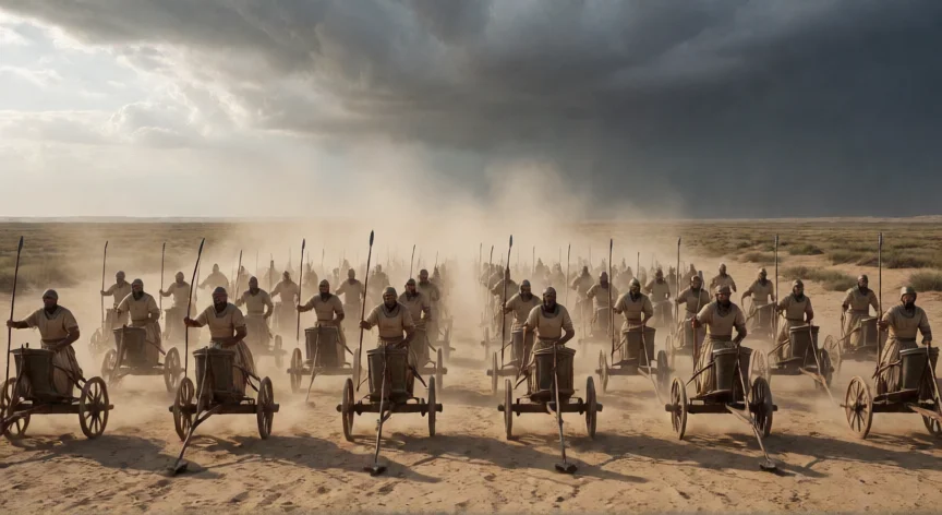 que le hicieron los egipcios a moises, Ejército de carros de guerra egipcios persiguiendo al pueblo hebreo por la llanura hacia el Mar Rojo
