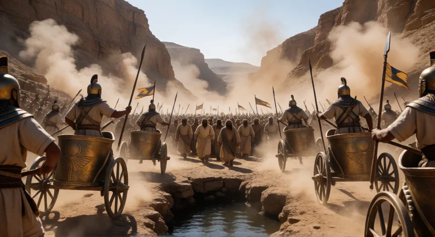 que le hicieron los egipcios a moises en la biblia, El ejército egipcio con carros persiguiendo al pueblo hebreo en el paso del Mar Rojo