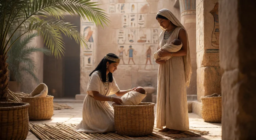 que le hicieron los egipcios a moises segun la biblia, La hija del Faraón descubre y adopta al bebé Moisés en la orilla del Nilo