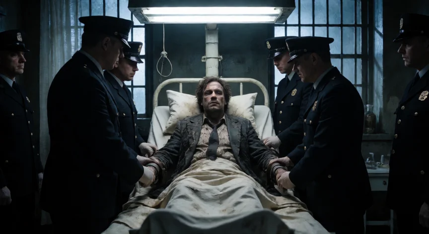 que le hicieron los guardias al joker 2, Escena de contención de Arthur Fleck en el hospital Arkham con guardias uniformados